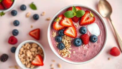 Bowl of granola with yogurt and berries for healthy breakfast.