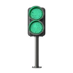 A green traffic light with a pole, showing clear signals, isolated on a white background.