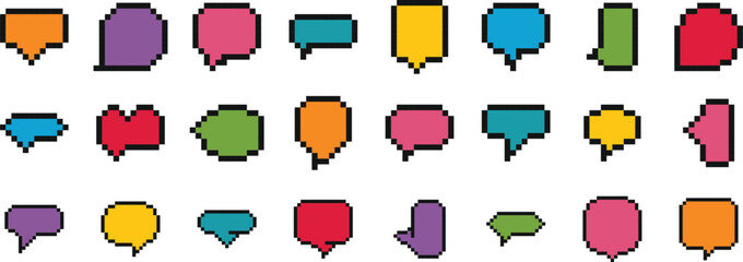 Set of various colorful pixel art speech bubbles, perfect for retro games, online chats, and social media