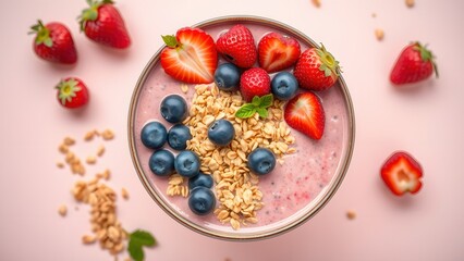 Bowl of granola with yogurt and berries for healthy breakfast.