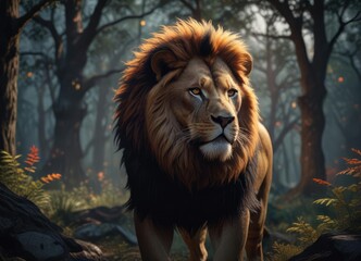 Fototapeta premium The dark forest is illuminated by the radiant glow of a lion's fiery mane, wilderness, radiant, darkness