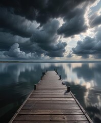 Obraz premium The dock disappears into the distance as it extends out into a vast lake with dark clouds covering the sky, solitude, isolation