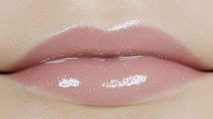 Fototapeta premium Female lips with glossy pink shimmering lip gloss captured in a close-up macro beauty shot.