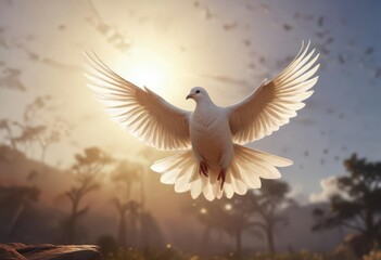 The sun shines down on a solitary white dove as it soars through the air, clouds, serene, warmth