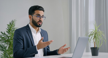 Fototapeta premium A man in a suit is talking on a laptop in front of a potted plant