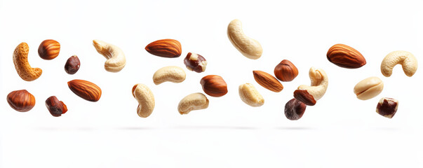 Mixed nuts floating in mid air against clean white background, showcasing variety of textures and colors, creating dynamic and appetizing visual appeal