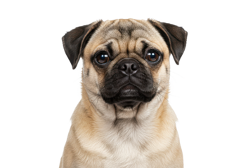 Beautiful fawn pug isolated on white background, no depth of field, sharp.