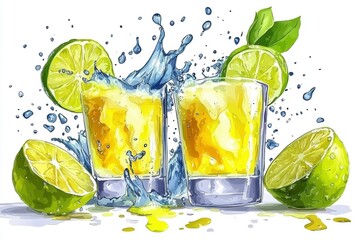 Tequila Shots with Limes and Splashing Water