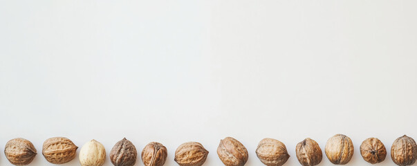 Nuts arranged in half circle along white background, showcasing their natural textures and colors. This composition highlights beauty of these organic elements