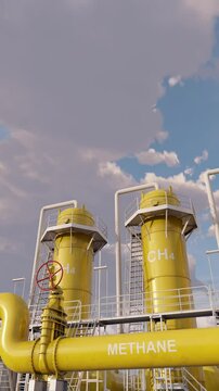 New biogas plant is intended to convert organic materials into methane gas. Vertical video. Time lapse. 3D rendering.