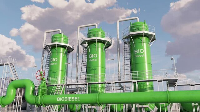 Biodiesel plant against the sky: a facility to produce biodiesel fuel derived from biological sources. Concept of green fuel. Time lapse. 3D rendering.