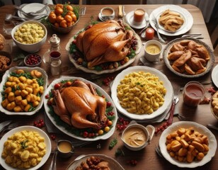 Traditional Thanksgiving meal with turkey and sides, dessert table, tablecloth, pumpkin pie