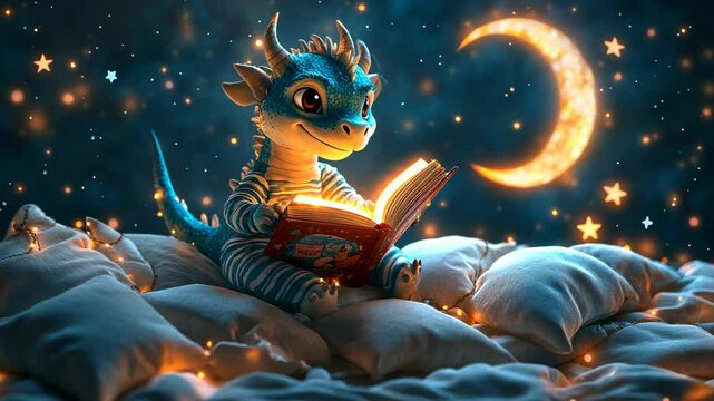 Cute baby dragon reading a book on pillows under the moonlight