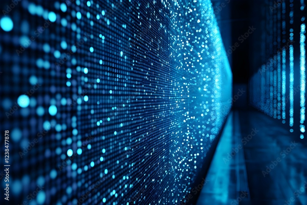 Aufkleber a digital representation of flowing data, featuring bright blue dots and a sense of depth, reminisce