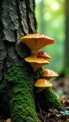 Fototapeta premium Tree trunk with fungal growth in forest environment, mycoremediation, tree,