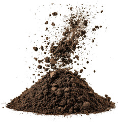 Soil being poured in an upward motion, creating a cloud of dirt above the pile