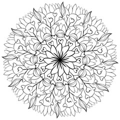 Outline Zen Mandala with Doodle Hearts and Petals, Meditative Coloring Page for Kids and Adults for Valentine's Day