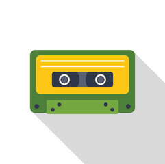 Green and yellow vintage audio cassette tape playing music, flat design with long shadow