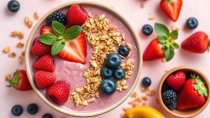 Bowl of granola with yogurt and berries for healthy breakfast.