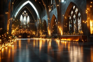 Naklejka premium A Gothic cathedral with dimly lit candles scattered throughout the massive hall, casting eerie, flickering shadows on the stone walls