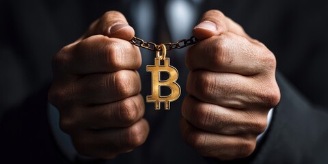 A person holds a golden Bitcoin pendant between their hands, symbolizing wealth and cryptocurrency investment.