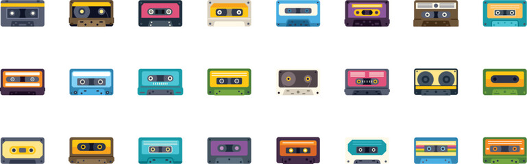 Set of colorful retro audio cassette tapes evoking nostalgia for vintage music and analog sound recording technology