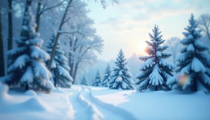 Fototapeta premium Bokeh effect on a snowy landscape with abstract blue sky and trees, trees, calm, cold
