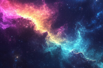Deep space nebula with glowing turquoise and fiery gold cosmic clouds
