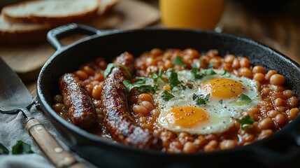 Brightly lit tabletop showcases a hearty breakfast skillet filled with baked beans, two perfectly cooked sunny-side up eggs, and juicy sausages, paired with a refreshing glass of orange juice