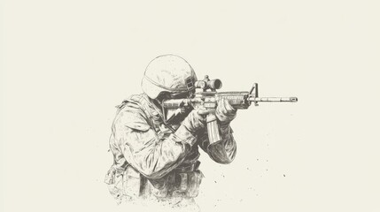 Soldier aiming rifle, combat, battlefield, sketch, military action, war, training