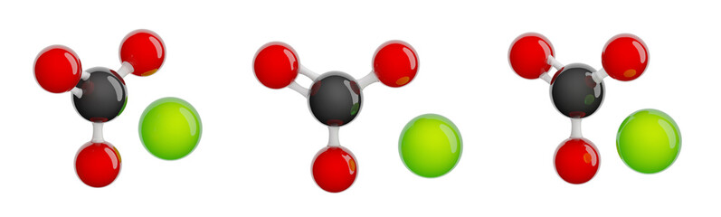 Molecule of Magnesium carbonate. Set of views. Molecular formula: MgCO3. Chemical model: Ball and stick. Isolated. White background. 3D illustration