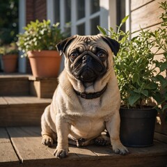  Pug Sitting on a Porch Step. english bulldog puppy. 