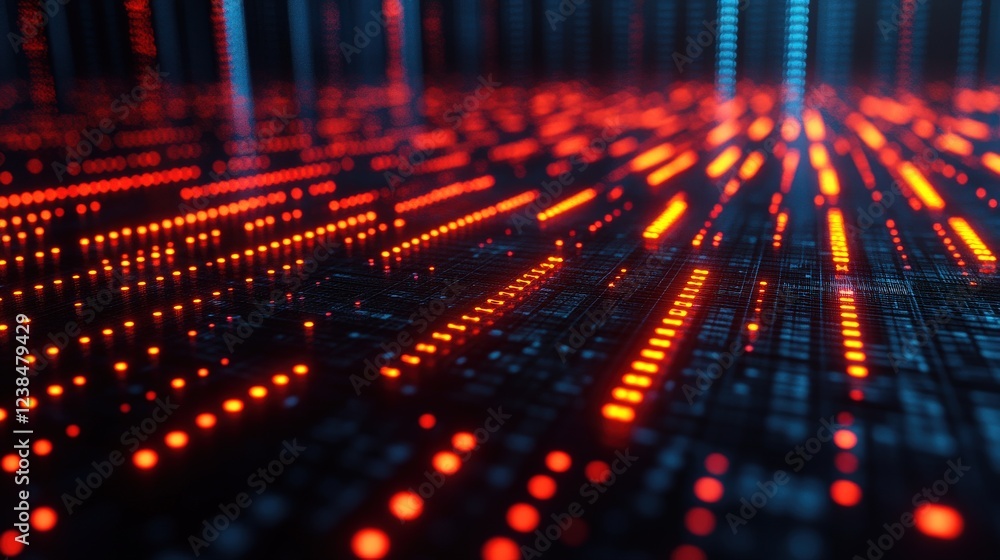 Poster abstract digital landscape with glowing red and blue lights representing data flow and technology