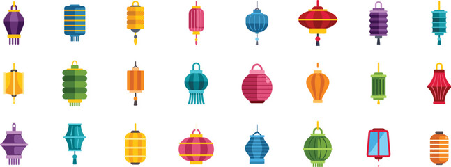 Set of colorful hanging paper lanterns, celebrating chinese new year or other festive occasions