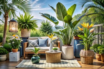 Fototapeta premium Boho Chic Summer Terrace Decor: Giant White Bird of Paradise & Phlebodium Aureum