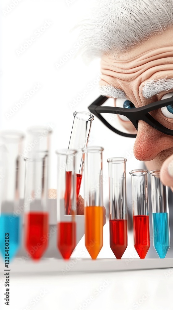 Poster scientific experiment chemist analyzing colorful solutions in laboratory close-up view innovation an