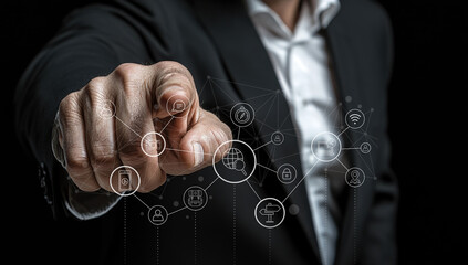 A business professional points towards digital network icons, showcasing advanced technology concepts