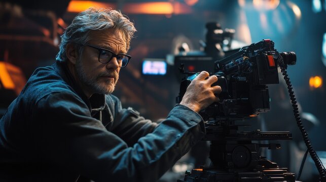 Director at work on the set. The director works with a group or with a playback while filming a movie, advertising, or a TV series. Shooting shift, equipment and group. Modern photography technique.