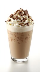 Chocolate shavings atop whipped cream crown a chilled coffee drink.