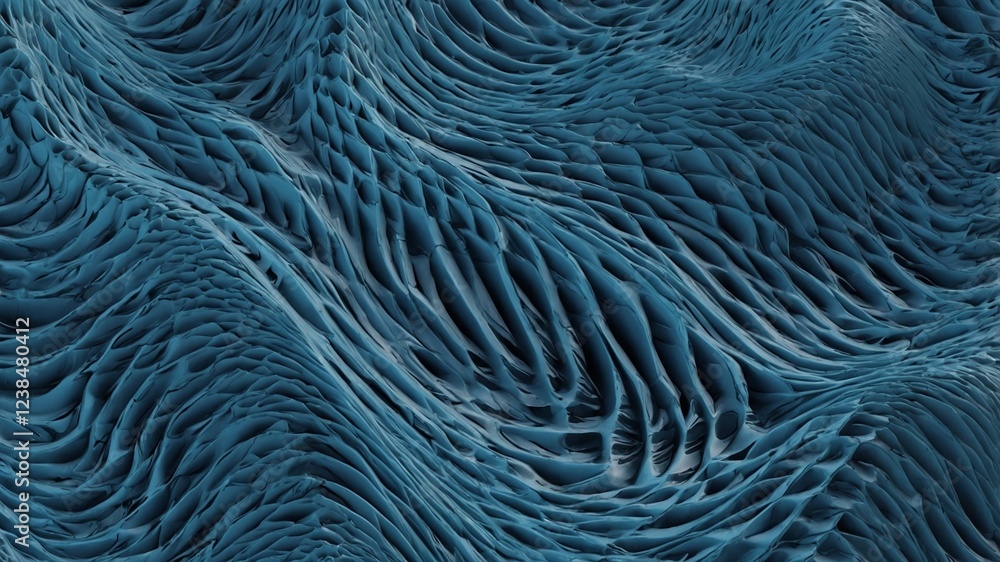 Poster textured surface displays intricate patterns resembling waves and flowing water in deep blue tones