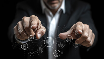 A business professional points towards digital network icons, showcasing advanced technology concepts