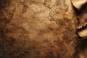 Fototapeta premium Weathered and stained parchment paper with visible map markings, aged historical texture