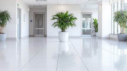 Obraz premium Modern office hallway, plants, bright interior, clean floor, workspace