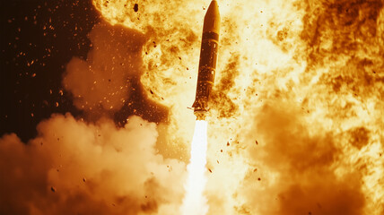 ロケット打ち上げの炎と煙&mdash;スローモーション風のダイナミックな瞬間