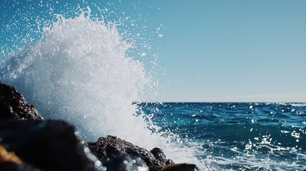 Obraz premium A picturesque view of ocean waves crashing against rocky shore under a clear blue sky, capturing the beauty of nature.