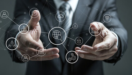 A business professional points towards digital network icons, showcasing advanced technology concepts