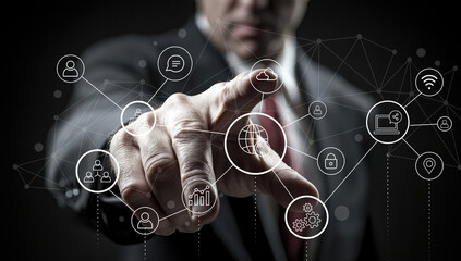 A business professional points towards digital network icons, showcasing advanced technology concepts