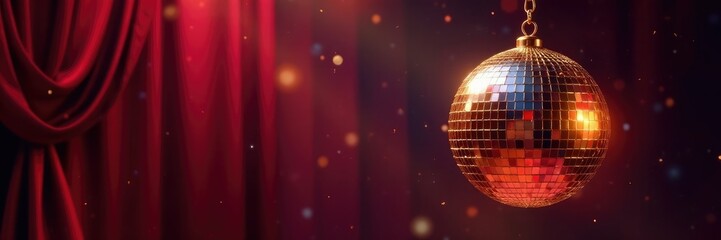 Obraz premium Sparkling disco ball with a gold chain hanging from a velvet curtain, opulent, chain, golden