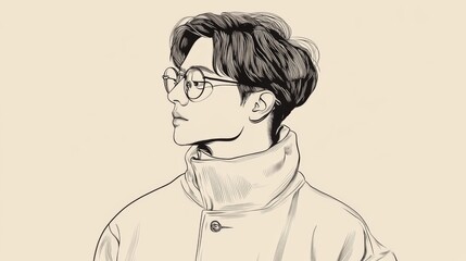 Fototapeta premium Stylish man, profile view, beige background, fashion illustration, social media