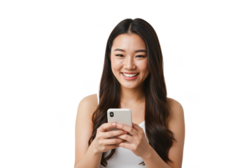 Portrait of a happy woman using mobile phone isolated on white background, no depth of field, sharp.